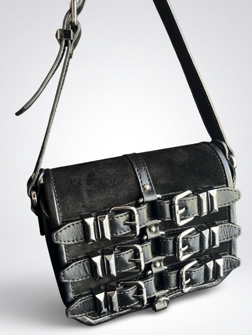 The Kooples Emily AFS901 Black Leather Suede 6-Buckle Crossbody Bag 8”
